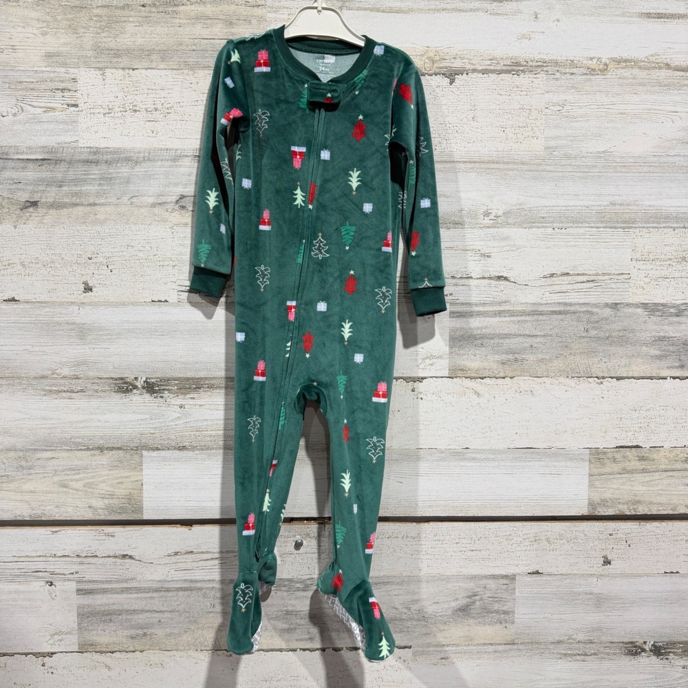 Carter's Footed Sleeper Kids 24M Green Christmas Tree Fleece Holiday EUC